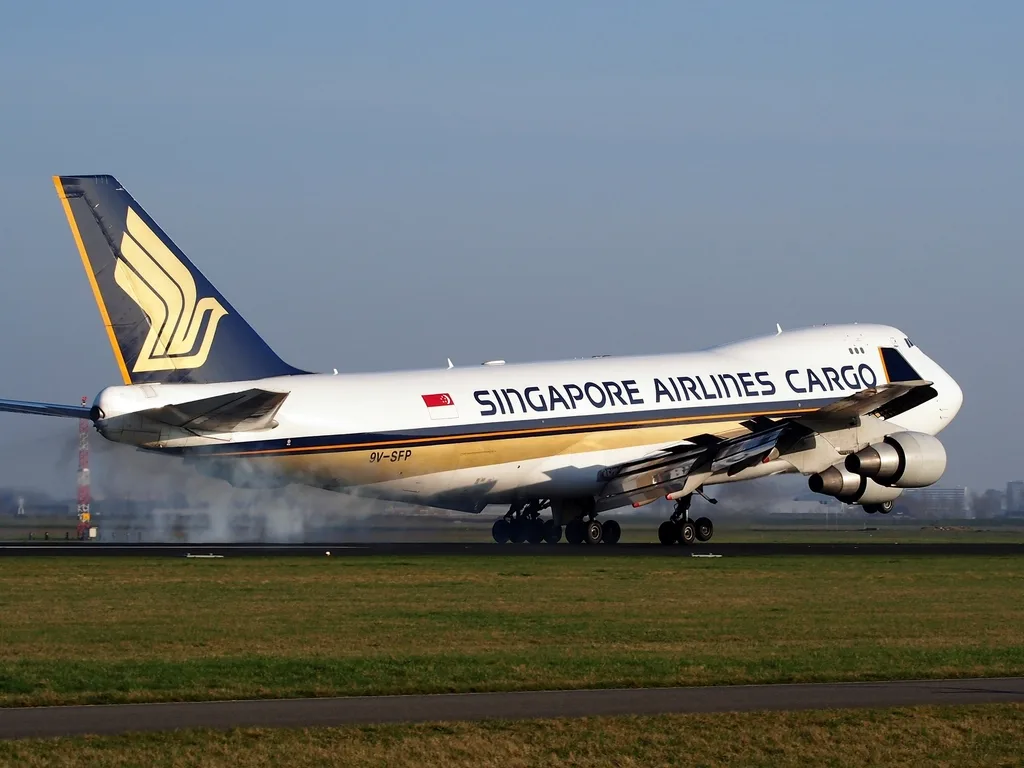 A freighter aircraft on its landing roll