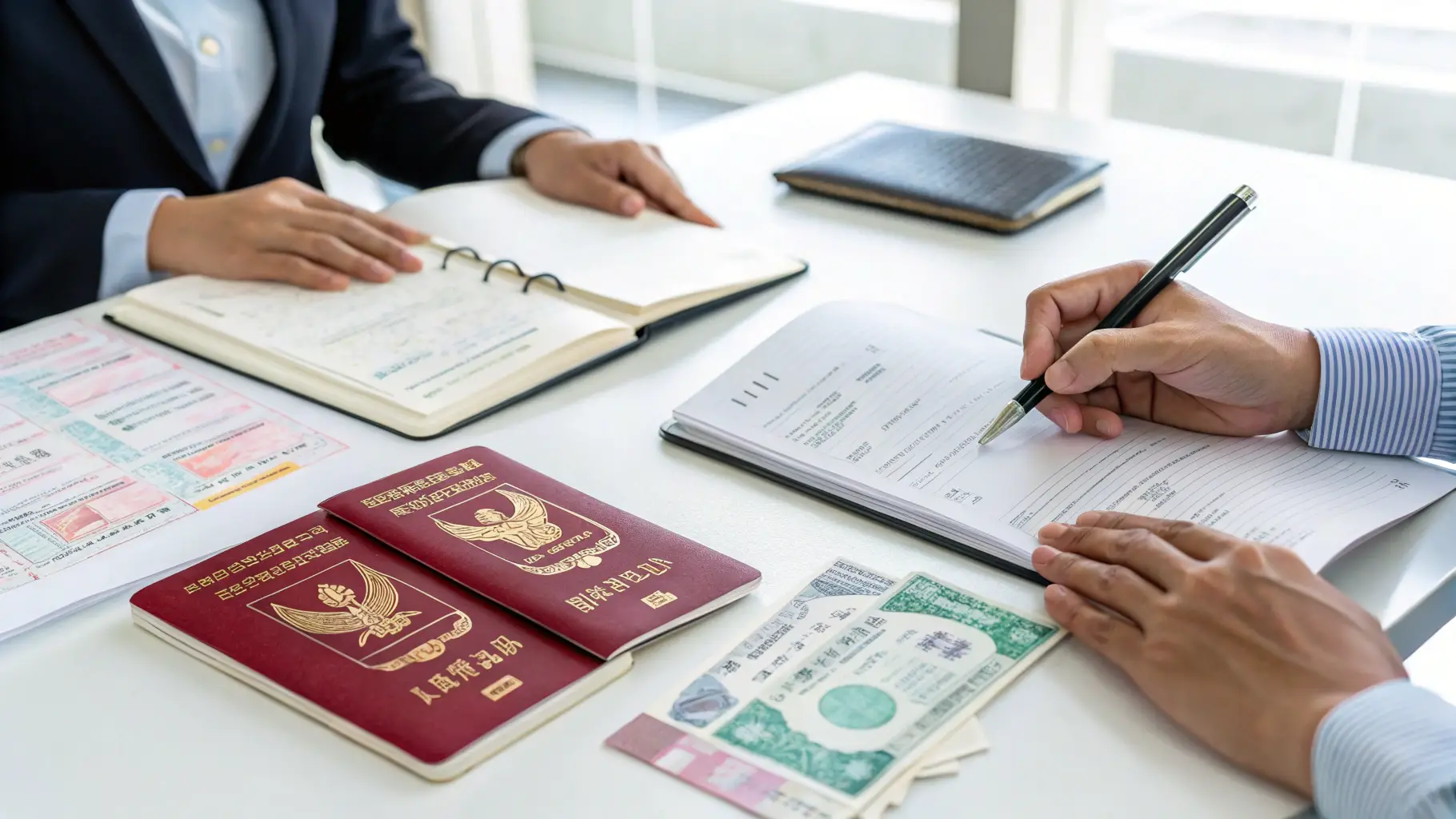 Passports, visa forms and a planner open on a desk while a relocation is worked through