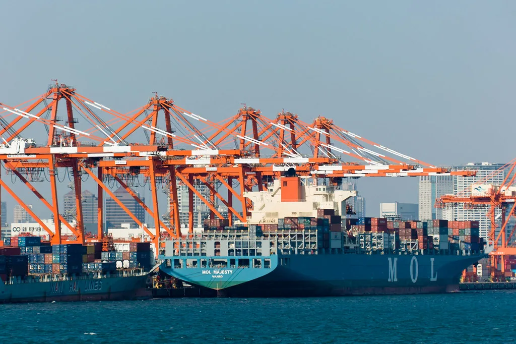 Gantry cranes working containers at a port terminal